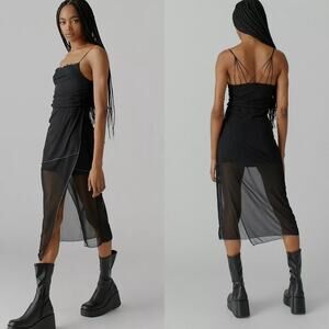 Urban Outfitters Black Wild Seam Sheer Mesh Strappy Midi Slip Dress XS Split Y2K